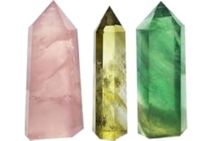 POLAR JADE 3-Piece Crystal Wands of Rose Quartz, Yellow Quartz &amp; Fluorite Stone,Pointed &amp; Faceted for Healing Reiki Chakra Meditation Therapy Decor