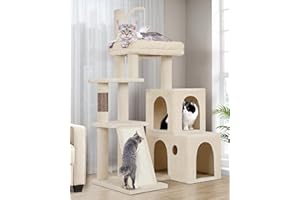 Globlazer Albero Tiragraffi Beige Angolare 90° Ruotabile Grotta 2 Grandi Base Piattaforma Imbottiti Peluche Giocattoli, Stabile Tiragraffi per Gatti Adulti Riposare Giocare Graffiare (F50, Beige)