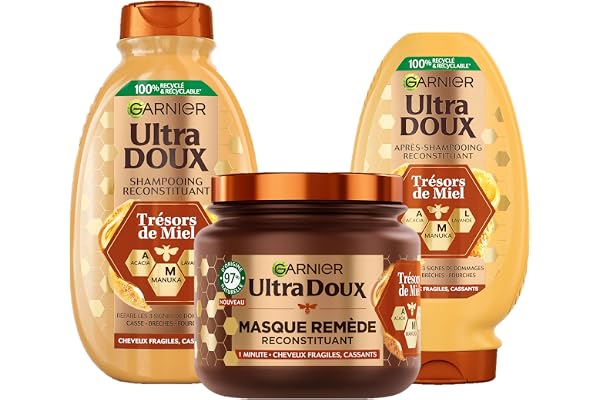 Garnier Ultra Doux Trésors de Miel - Routine Capillaire Reconstituante - Shampooing, Après-Shampooing & Masque - À la Cire d'Abeille & Au Miel d'Acacia - Pour Cheveux Fragiles & Cassants