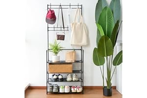 Hawthyhome Appendiabiti con 4 ripiani e 8 ganci per la conservazione, si adatta bene in corridoio, camera da letto, soggiorno e bagno, 60 x 26 x 150 cm, nero