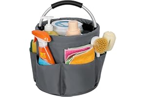 IPEB Cleaning Caddy Organizer with Handle Foldable Cleaning Bucket Organizer Cleaning Caddy Bag Cleaning Tool Bucket Multi-pocket Tool Bag for Cleaners & Housekeepers,Grey