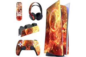 PlayVital Skin für ps5 Konsole Regular Edition,Aufkleber Vinyl-Skin Stickers Schutzfolie Folie für PS5 Konsole,Controller,Ladestation, Headset,Medienfernbedienung-Flammende Sonne