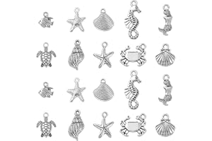Ornazy 50 pcs 10 Styles Tibetan Ocean Animals Antique Silver Marine Life Charms - Vintage Sea Horse, Starfish, Fish Pendants for Jewellery Making
