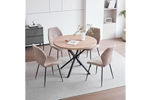 GrandCA HOME Esstisch und Stuhlset, 100 cm Runder Esstisch und 4 Moderne Leinenstühle, für Esszimmer, Küche, Wohnzimmer, Helle + Braun