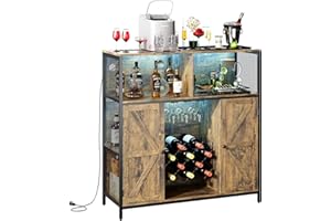 Roomark Armadietto per vino con presa di ricarica, armadio da bar vintage con luce LED, armadio da cucina e credenza con portabottiglie in metallo, 6 scomparti, 108 x 39 x 111 cm (marrone usticale)
