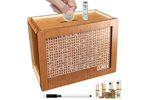MYETASSER Selizo Spardose Holz,Sparbox mit Zahlen,Sparbox with Ziel,Sparschwein mit Sparziel, Spardose €2,000, Kommt mit Marker, löschbar