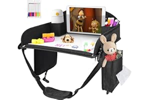INFANZIA Kids Travel Tray for Car - Car Seat Tray with Markers for Kids Travel, Road Trip Essentials - Carseat Table for Roadtrip Activities Must Have Toddler Lap Desk Organizer for Airplane (Black)