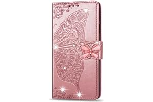 Reevermap Samsung Galaxy A12 Case Glitter Crystal Flip PU Leather Phone Cover for Samsung Galaxy A12, Shockproof Wallet Butterfly Embossed Gems Shiny Magnet Clasp Kickstand, Rose Gold