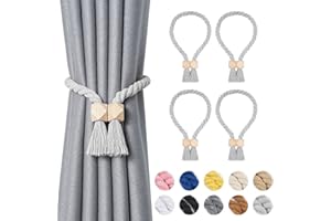 Pretty Jolly Polyeder magnetische Vorhang-Raffhalter aus Holz, Boho-Dekoration, Raffhalter, natürliche Baumwolle, handgewebt, für Fenstervorhänge für Zuhause und Büro, Hellgrau, 4 Stück