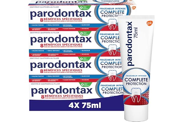 Parodontax Dentifrice Complete Protection Fraîcheur Intense, 8 Bénéfices, Anti-tartre et Contre le Saignement Occasionnel des Gencives, Format 4x75 ml