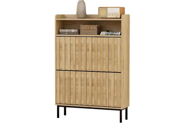 UEV Skoskåp med 2 luckor, smal, skohylla 80x24x117cm (Natur) | Skobyrå med tippskydd, justerbara skiljeväggar för olika skotyper, skoförvaring för hall vardagsrum