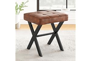LUE BONA Fußhocker,Make-up Hocker mit X-Bein,Polsterhocker,Schminkhocker,Ottoman Sitz Fußstütze Hocker,Leder Sitzhocker für Wohnzimmer,Schlafzimmer,43 x 33 x 46 cm,Rötlich Braun-Schwarze