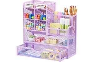 Marbrasse Organizer Scrivania in Rete,Porta Penne per Scrivania, Multifunzione Organizer da Cassetti per Casa Ufficio Cancelleria(Viola)