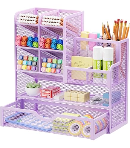 Organizer Da Scrivania Girevole Annova - 5 Scomparti In Rete, Light Purple, Per Ufficio E Casa - Foto 6