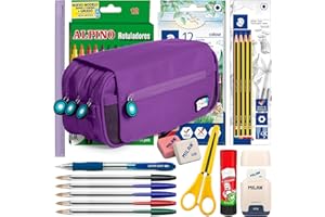 ColePack BitsBobs - Lote de Estuche Portatodo Triple con 3 Cremalleras y Material Escolar de Primeras Marcas Incluido (Violeta)