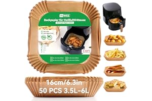 ‎INWEE Inwee 50 sztuk Papier do pieczenia do frytkownicy, Kwadratowy papier do frytkownicy 16-20cm, kompatybilny z COSORI, Ninja, Tefal, Tower, papier do pieczenia z powłoką antyprzymakową, Bez BPA