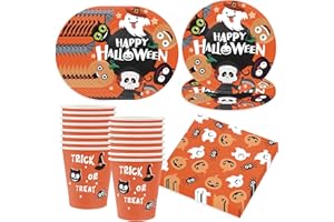 Bikasun Halloween Party Tableware Set, 16 Guests Halloween Party Tableware Decorations for Kids, Cups Napkins Paper Plates, Disposable Dinnerware Set, Orage Ghost Skeleton Pumpkin