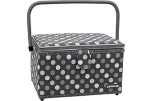 SEMPLIX Nähkorb Größe L, Polka Dots Anthrazit/Grau (30,5x22,5x19cm), Nähkästchen im frechen Punktedesign, Naehkasten in 5 trendigen Farben