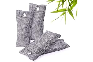 RAHEEM Lot de 4 sacs de purification d'air, absorbeur d'odeurs au charbon de bambou (4 x 75 g), désodorisant naturel parfait pour voiture, cuisine, chambre, penderie