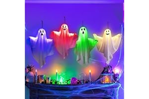 HuaMuDM 4 Piezas Fantasma Halloween Decoracion, con Luces Led, Halloween Decoración Colgante, Blanco Colgando Fantasmas,para Exterior, Patio, Jardín (B)