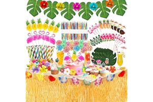 185Pcs décoration de fête Tropicale hawaïenne Luau Table Jupe(9ft) Feuilles de Palmier Fleurs hawaïennes parapluies Les Garnitures de gâteau pailles à Fruits pour Summer fête hawaïenne Luau