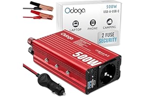 Odoga Inversor 12v 220v – Transformador 500W, Convertidor con Puertos USB-A y USB-C de 3A – Adaptador Mechero Coche a Enchufe – Cargue Sus Dispositivos en Autocaravanas, Camper Furgoneta y Coche