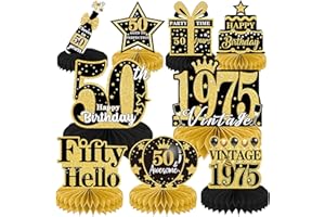 Luvart 50th Birthday Decorations - 9pcs 50th 1975 Birthday Party Table Decor Supplies for Men Women Black and Gold Vintage 50 Years Old Honeycomb Decs