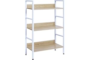 WOLTU RGB9305hei półka kuchenna półka łazienkowa półka regał półka metalowa półka na buty półka łazienkowa klatka schodowa wykonana z drewna i stali, z 3 półkami, ok. 60 x 27,5 x 93 cm, biały + jasny dąb