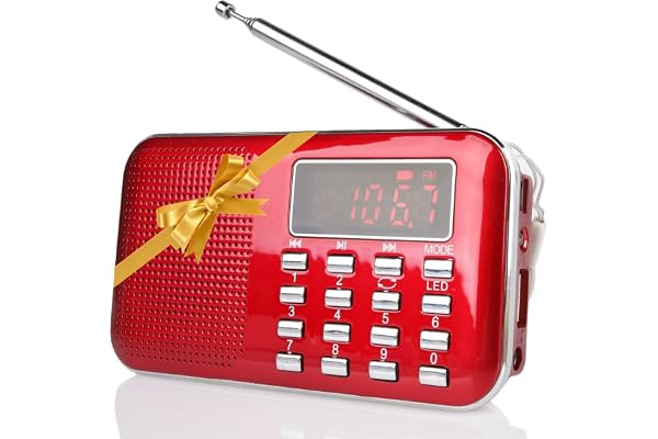 Raddy RF23 Radio Portable FM/AM, Radio de Poche Rechargeable avec Lampe de Poche, Grand Écran LCD, Lecteur MP3 Micro SD/USB, Batterie 800mAh, Mini Radio Compacte pour Promenades, Camping, Rouge