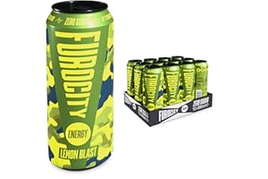 Furocity Sugar Free Energy Drink, Lemon Blast, 157mg Caffeine, Low Calorie, Zero Sugar, High in Vitamins C, B6, B12, Taurine, Vegan, 12 x 500ml Cans