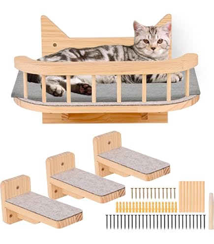 AFYHA Kattenklimwandset met kattenboom, hangmat, kattenholletje, kattenbrug, krabplank en krabpaal, 4-delig houten kattenmeubel voor katten, Catwalk ( lichtgrijs