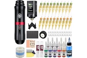 LIUMATE Maschine Set mit Drahtlose Batterie 1900mAh Drahtlos Stift 20 Patronen Nadel 10 Tinten Transferpapier Komplettes Zubehör