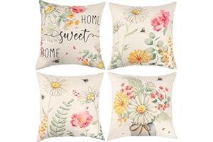 UXORSN Outdoor Throw Cushion Covers 45 x 45cm Set of 4 Square Pillow Covers Peony Daisy Flowers Bee Decorative Pillowcases Linen Floral Printed Cushion Case for Garden Bench Sofa Bed Farmhouse Decor