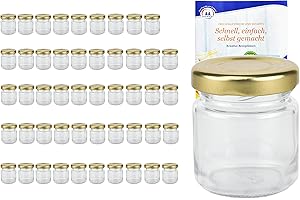 MamboCat Lot de 50 bocaux ronds TO 43 avec couvercle à vis couleur dorée, 53 ml, avec livret de recettes (français non garanti), bocaux, conserves, mini pots en verres