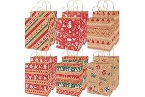 PARSUP 12 szt. torebek świątecznych na prezent z uchwytami, średnie torby na prezenty, wielokrotnego użytku torby do pakowania towarów kraftowych na upominki na przyjęcie bożonarodzeniowe, różne style,