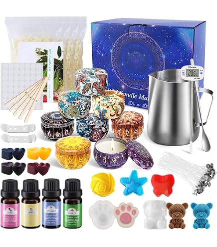Fai Da Te NCKIHRKK Kit Per Fabbricazione Candele , Per Fusione Cera Per Principianti DIY Set Regalo Con Cera Di Soia, 8 Barattoli, 8 Coloranti, 3 Stampo In Silicone, 30 Stoppini Kit Candele Fai Da Te - 5