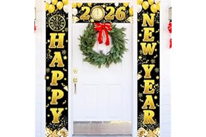 MICJLLT Happy New Year Door Banners for New Years Eve Decorations 2026,Porch Sign Couplets Accessories with Black and Gold for Garden Photo Prop,Fade-resistant Hanging Sign Lightweigh for Party Decoration