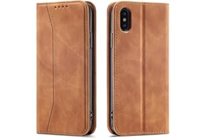 OKZone Kompatibel mit iPhone XS Max (6,5 Zoll) Case, Magnetische Ledertasche Handytasche, Kartenschlitz Schutzhülle, [Premium PU Leder] Flip Flap Stoßfest Magnetische Standfunktion (Hellbraun)