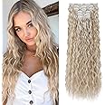 FLUFYMOOZ Clip In Hair Extensions,6PCS Hair Extensions Long Mermaid Waves Wavy Synthetic Clip On Hairpiece For Women 24 Inch (Blonde with White Blonde Highlights)