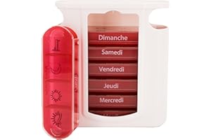 MEDIPILL - Tower dose pilulier semainier - langue FRANÇAISE & NÉERLANDAISE - UNE PIECE - Avec 4 compartiments par barrettes (Rouge)