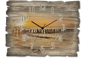 ‎ARTLAND ARTLAND Wanduhr ohne Tickgeräusche aus Holz Funkuhr 40x30 cm Rechteckig Lautlos Strand Meer Sonnenuntergang Ostsee Maritim T3ZU