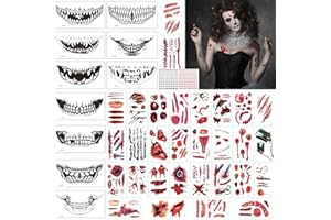 VICTERR Halloween Temporary Tattoos Face Stickers, 40 Sheets Big Mouth Tattoo Face Temporary Tattoo Skull Vampire Bite Wounds Cut Scary Scars Fake Blood Face Gems for Aldults Kids Prank Makeup Fright Night