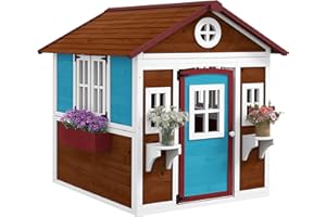 Outsunny Cabane Enfant extérieur, Maison Enfant extérieure, avec Porte, fenêtres et jardinières, cabane de Jardin pour Enfant 3-8 Ans, 114 x 126,4 x 135 cm, Marron