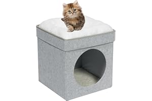 Bonlife Foldable Large Cat Beds for Indoor,Cat Tent Bed House with Two Removable Cushion,Warm Comfortable Semi-Enclosed Hideaway,White,32X32X39CM