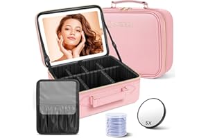JUSRON Travel Makeup Bag with LED Mirror-3 Colors Modes, Portable Cosmetics Organizer with Adjustable Dividers Compartment, Light Up Vanity Case&Makeup Storage for Women with Makeup Accessories-Pink