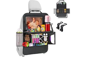 Auriton Auto Organizer Kinder, Autositz Organizer mit Faltbarer Tischablage, 13 Zoll Durchsichtigem Tablet Tasche, 600D Oxford Stoff Wasserdicht Rücksitz Organizer Kinder, Mit 2 Autositz-Haken