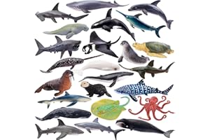 TOYMANY 24PCS Mini Sea Animal Figures, Realistic Ocean Animals Figurines Cake Topper Toy Set with Sharks Whales Octopus, Easter Egg Christmas Birthday Gift Party Favor School Project for Kids Toddlers