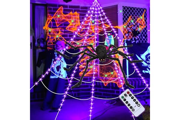 Halloweendekoration utomhus, 3 fot stor spindel + 5 m gigantisk spindelnät lysande 8 ljuslägen spindelnät med fjärrkontroll halloween dekoration utomhus för trädgård gräsmatta fest skrämmande