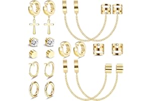 Kakonia 9 Pairs Magnetic Earrings for Men 316L Stainless Steel Earrings Clip on Chain Earrings Non-Piercing Cross Dangle Hoop Men's Earrings Black CZ Mens Studs Earrings