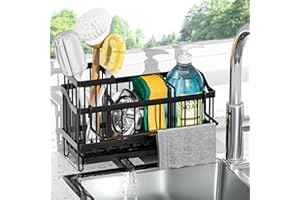 necvha Kitchen Sink Caddy - Black Sponge Holder for kitchen Sink, Rustproof Tidy with High Brush Holder & Self Draining Tray & Towel Rack for Kitchen Countertop Storage & Organisation